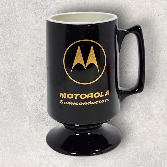 Vintage Motorola Semiconductors Mug Black Gold Hall USA Pedestal Mug Retro Tech - Picture 1 of 8